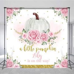 Aperturee - Aperturee Personalized A Little Pumpkin is on the Way Backdrop Pink Floral and Gold Custom Name Girl Baby Shower Decor