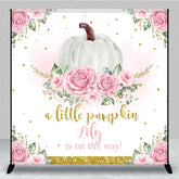 Aperturee - Aperturee Personalized A Little Pumpkin is on the Way Backdrop Pink Floral and Gold Custom Name Girl Baby Shower Decor