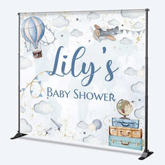 Aperturee - Aperturee Personalized Adventure Awaits Baby Shower Backdrop Hot Air Balloon and Airplane World Map Party Decoration