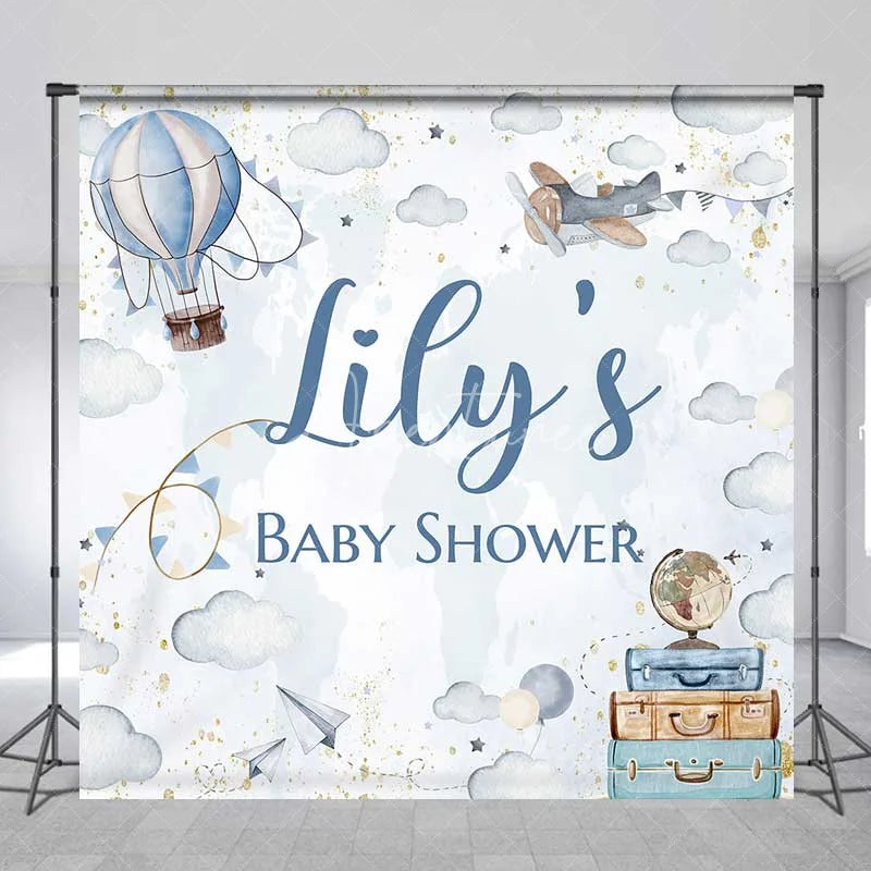 Aperturee - Aperturee Personalized Adventure Awaits Baby Shower Backdrop Hot Air Balloon and Airplane World Map Party Decoration