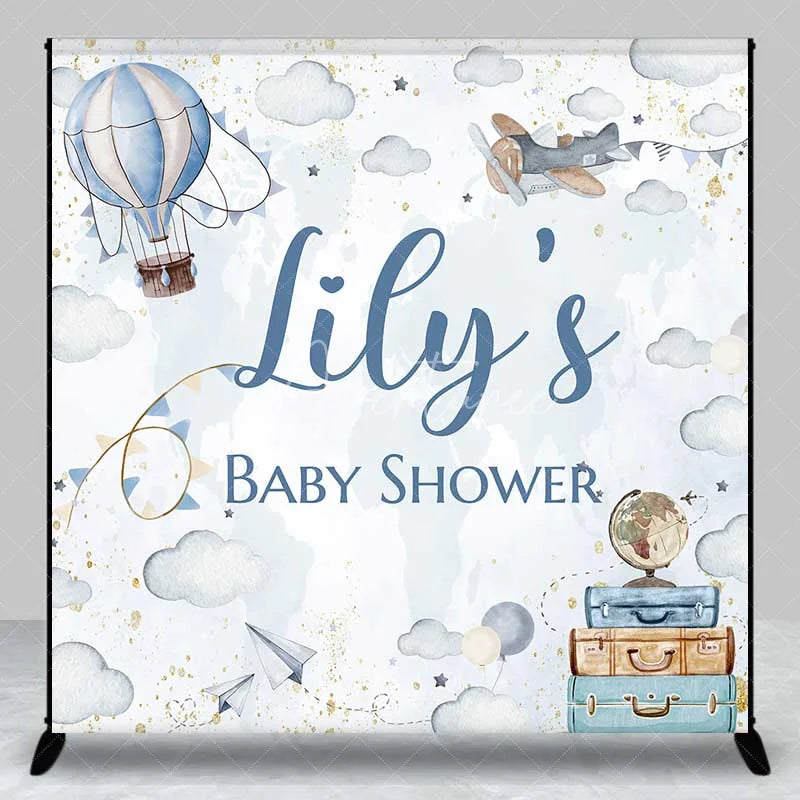 Aperturee - Aperturee Personalized Adventure Awaits Baby Shower Backdrop Hot Air Balloon and Airplane World Map Party Decoration