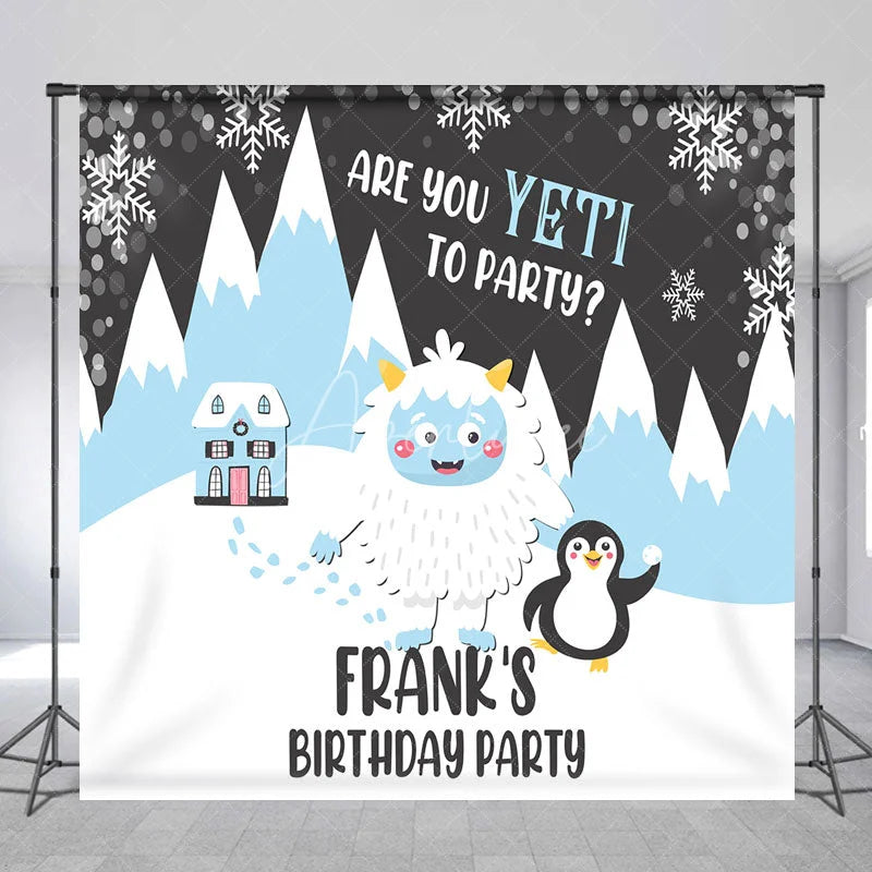 Aperturee - Aperturee Personalized Are You Yeti to Party Custom Birthday Backdrop Winter Wonderland Yeti and Penguin Decoration