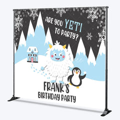 Aperturee - Aperturee Personalized Are You Yeti to Party Custom Birthday Backdrop Winter Wonderland Yeti and Penguin Decoration