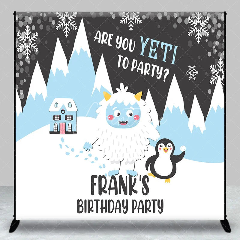 Aperturee - Aperturee Personalized Are You Yeti to Party Custom Birthday Backdrop Winter Wonderland Yeti and Penguin Decoration