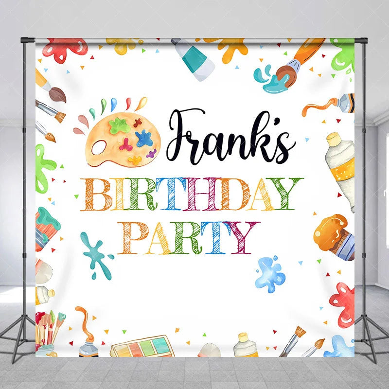 Aperturee - Aperturee Personalized Art Party Birthday Backdrop Paint and Brushes Theme Custom Name Craft and Painting Celebration