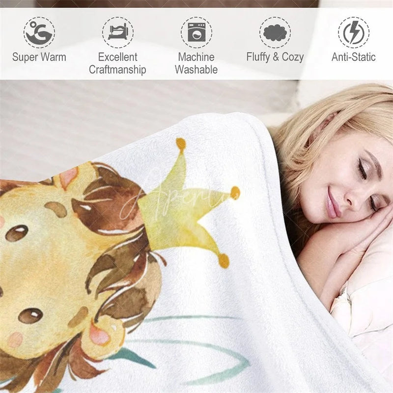 Aperturee - Aperturee Personalized Baby Blanket for Boy Custom Lion King of Jungle Safari Animal Nursery Decor Swaddle