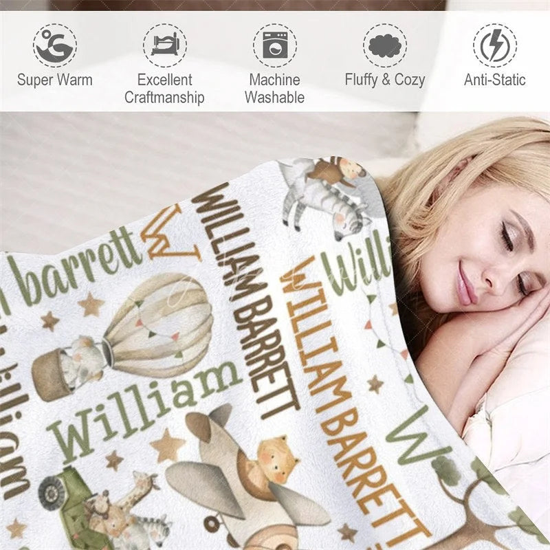 Aperturee - Aperturee Personalized Baby Blanket for Boy Custom Safari Animals Travel Hot Air Balloon Plane Nursery Decor