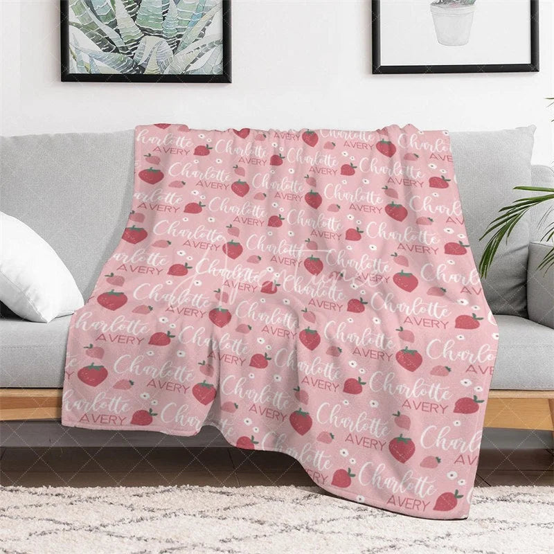 Aperturee - Aperturee Personalized Baby Blanket for Girl Custom Pink Strawberry Fruit Pattern Sweet Summer Nursery Decor
