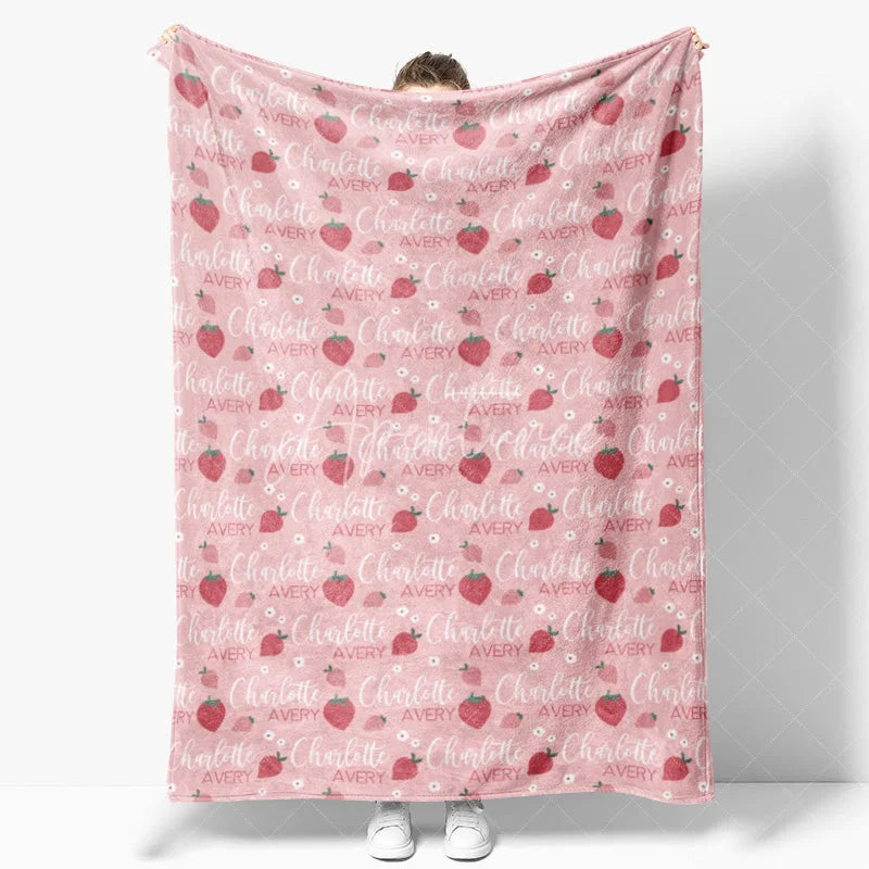Aperturee - Aperturee Personalized Baby Blanket for Girl Custom Pink Strawberry Fruit Pattern Sweet Summer Nursery Decor