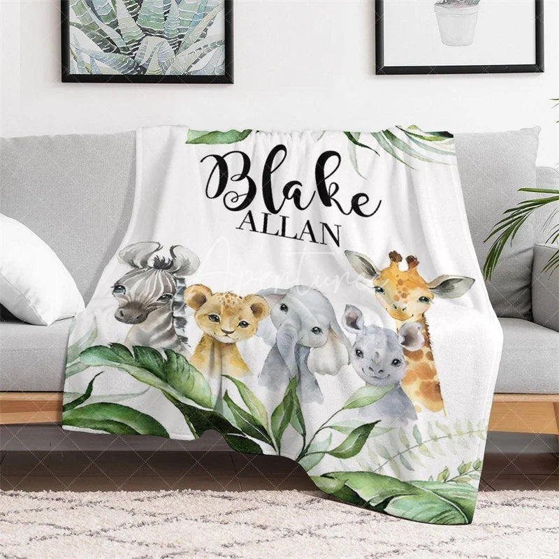 Aperturee - Aperturee Personalized Baby Blanket Jungle Safari Custom Name Green Leaves Animals Swaddle Newborn Boy Nursery Decor