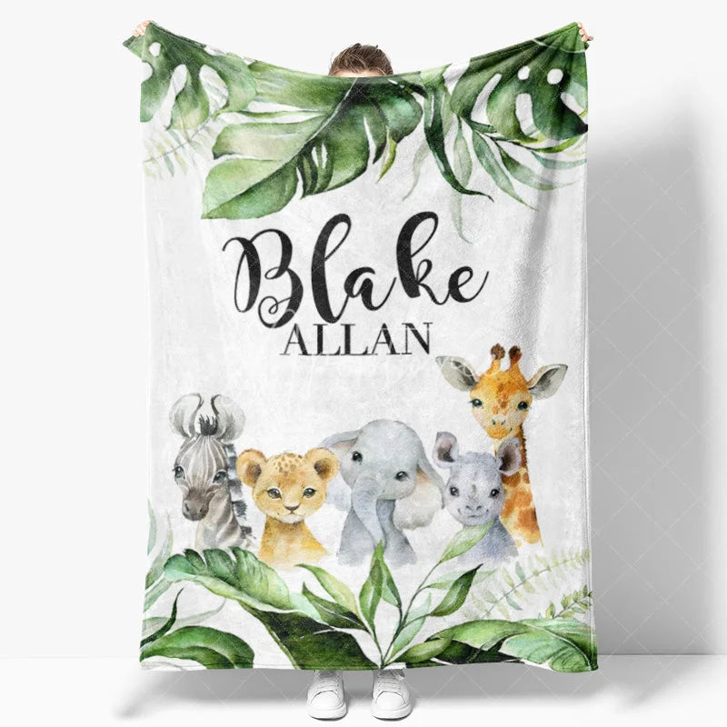 Aperturee - Aperturee Personalized Baby Blanket Jungle Safari Custom Name Green Leaves Animals Swaddle Newborn Boy Nursery Decor
