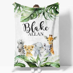 Aperturee - Aperturee Personalized Baby Blanket Jungle Safari Custom Name Green Leaves Animals Swaddle Newborn Boy Nursery Decor