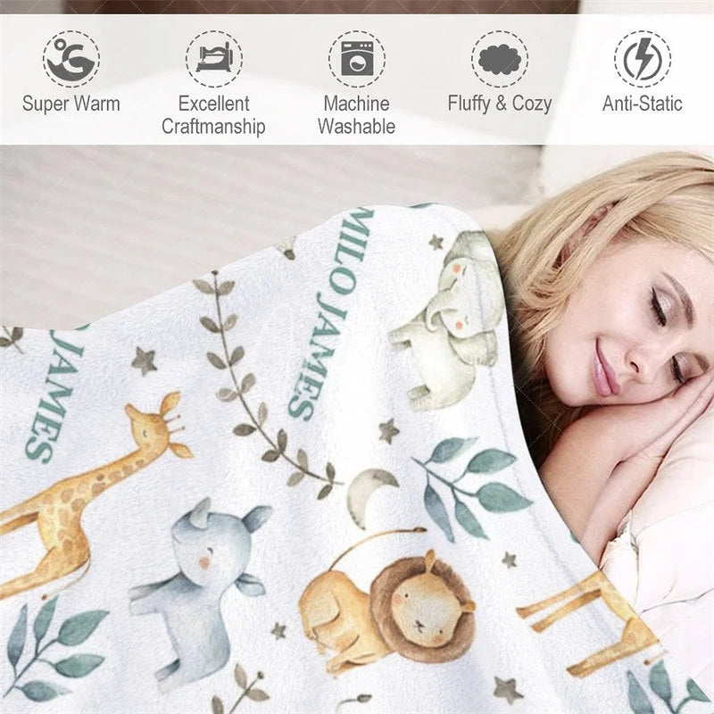 Aperturee - Aperturee Personalized Baby Blanket Safari Animals Custom Name Jungle Lion Giraffe Pattern Throw Boy Shower Gift