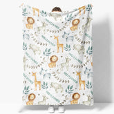 Aperturee - Aperturee Personalized Baby Blanket Safari Animals Custom Name Jungle Lion Giraffe Pattern Throw Boy Shower Gift