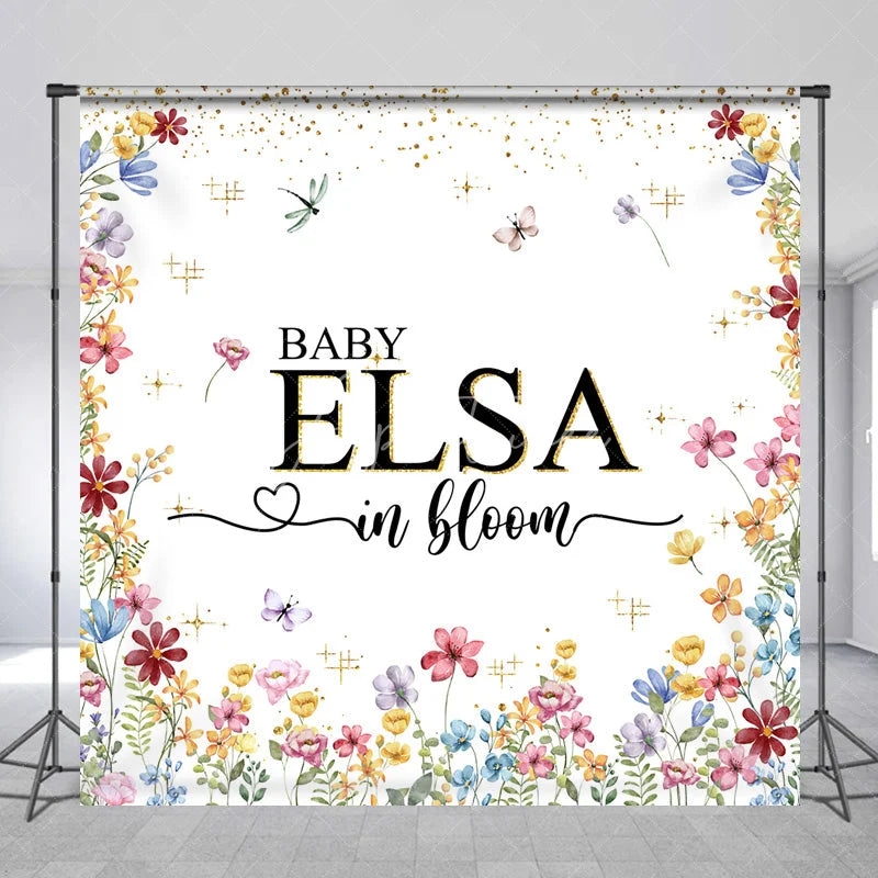 Aperturee - Aperturee Personalized Baby in Bloom Baby Shower Backdrop Wildflower Floral Butterfly Garden Party Decor for Girl