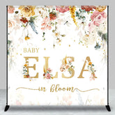 Aperturee - Aperturee Personalized Baby in Bloom Custom Baby Shower Backdrop Elegant Watercolor Floral and Gold Glitter Decor