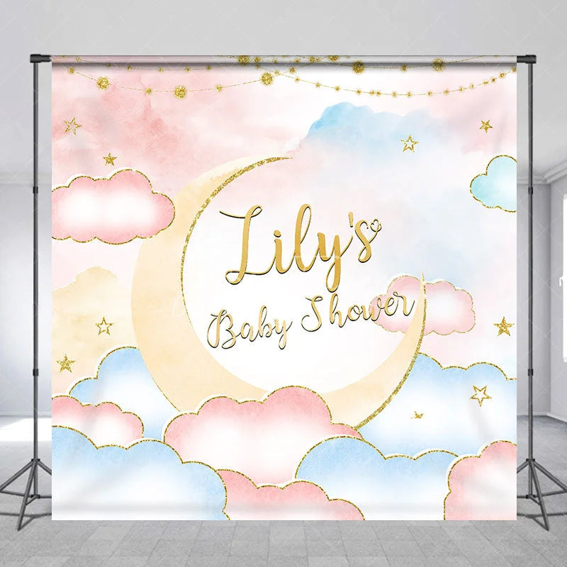 Aperturee - Aperturee Personalized Baby Shower Custom Backdrop Dreamy Pastel Pink and Blue with Gold Glitter Moon and Stars