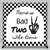 Aperturee - Aperturee Personalized Bad Two the Bone 2nd Birthday Backdrop Skeleton Hand and Checkered Pattern Background Custom Name Party