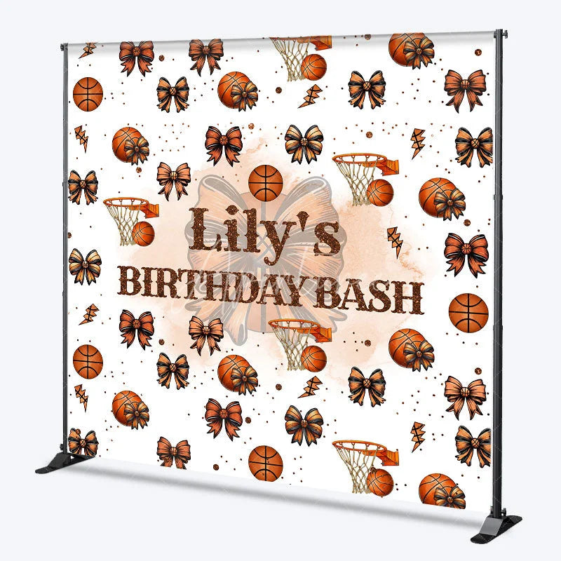 Aperturee - Aperturee Personalized Basketball and Bows Birthday Backdrop A Sweet Little All Star is on the Way Custom Name Sports Party