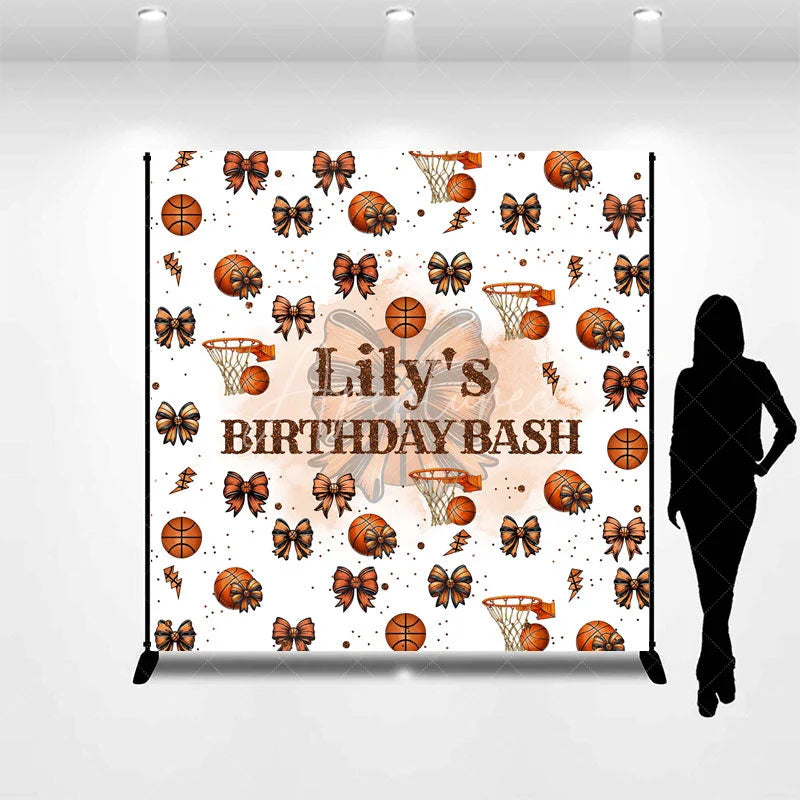 Aperturee - Aperturee Personalized Basketball and Bows Birthday Backdrop A Sweet Little All Star is on the Way Custom Name Sports Party