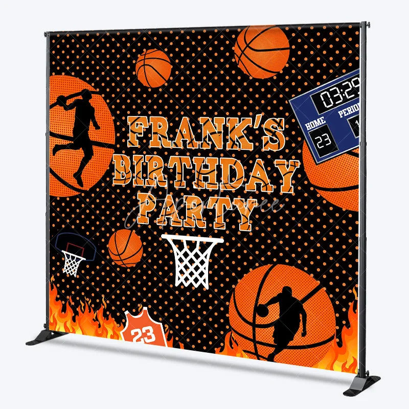 Aperturee - Aperturee Personalized Basketball Birthday Party Backdrop Slam Dunk with Flames and Scoreboard Custom Name Sports Theme Decor