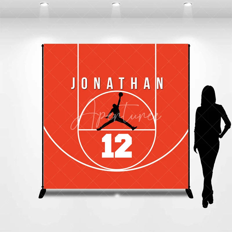 Aperturee - Aperturee Personalized Basketball Red Court Birthday Backdrop Custom Name and Number Sports Party Banner