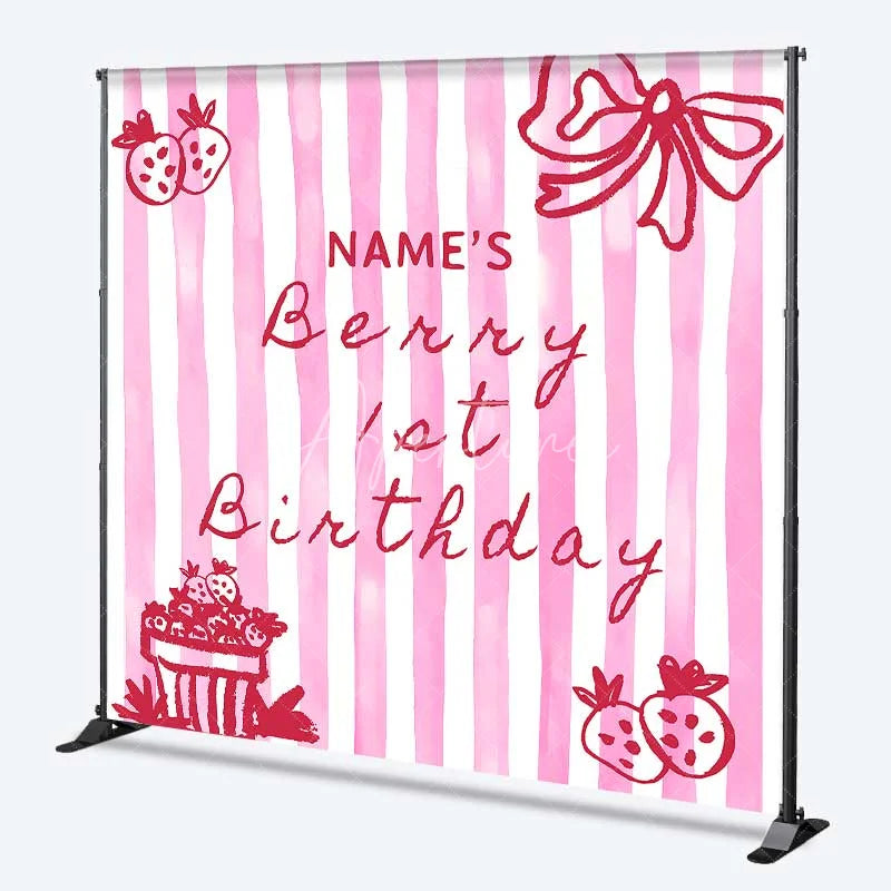 Aperturee - Aperturee Personalized Berry 1st Birthday Backdrop Pink Strawberry and Stripes Sweet One Party Decoration