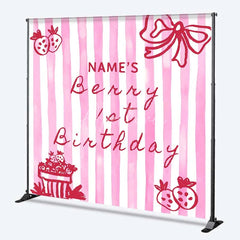 Aperturee - Aperturee Personalized Berry 1st Birthday Backdrop Pink Strawberry and Stripes Sweet One Party Decoration