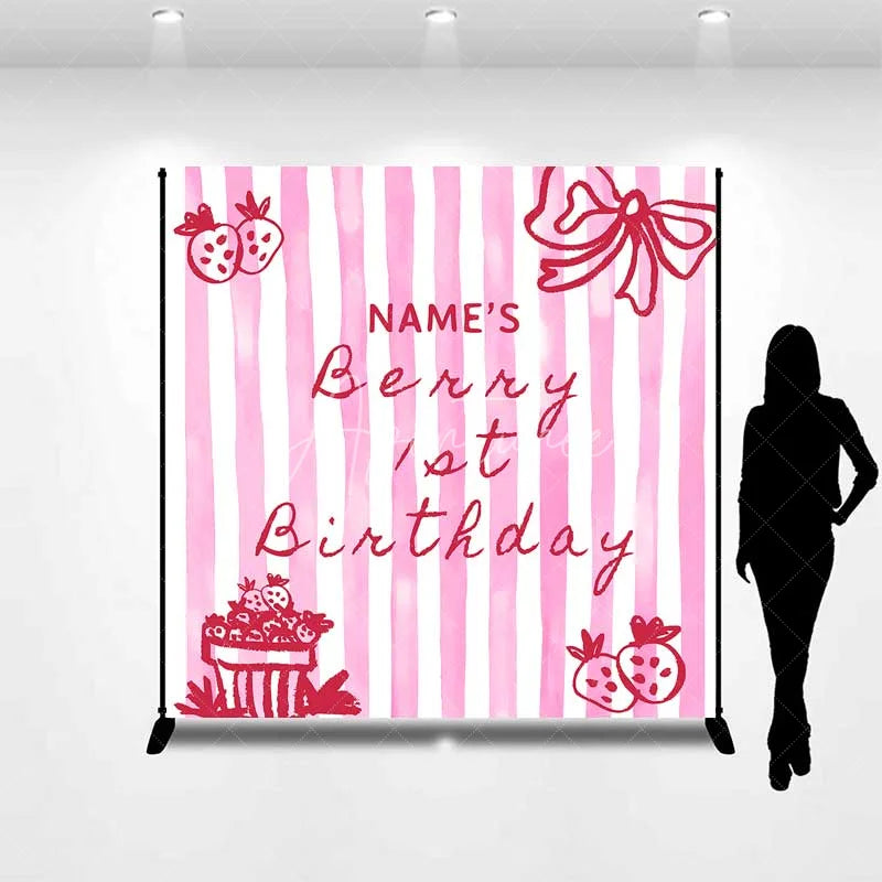 Aperturee - Aperturee Personalized Berry 1st Birthday Backdrop Pink Strawberry and Stripes Sweet One Party Decoration