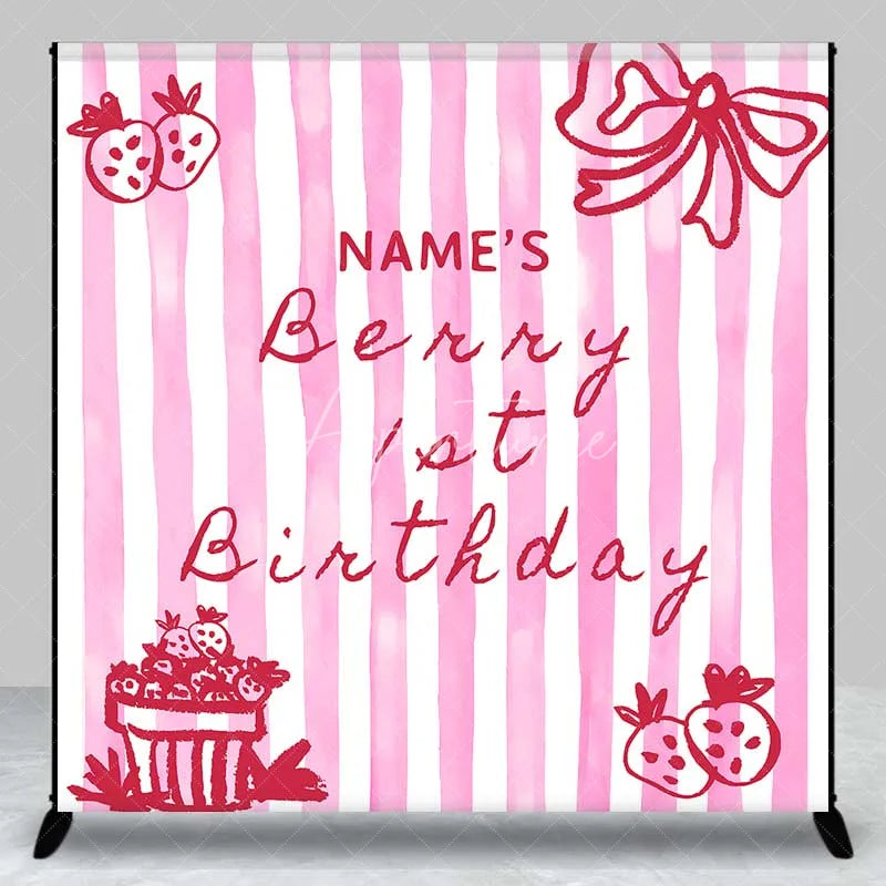 Aperturee - Aperturee Personalized Berry 1st Birthday Backdrop Pink Strawberry and Stripes Sweet One Party Decoration