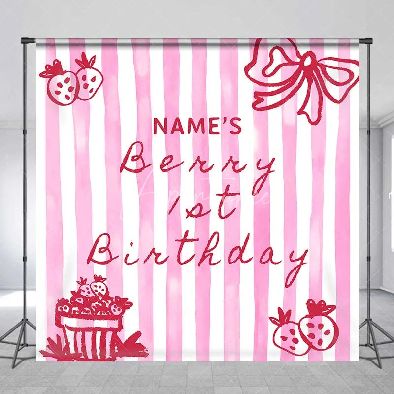 Aperturee - Aperturee Personalized Berry 1st Birthday Backdrop Pink Strawberry and Stripes Sweet One Party Decoration