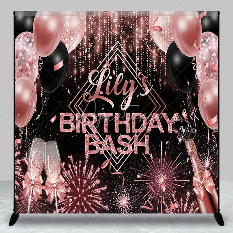 Aperturee - Aperturee Personalized Birthday Bash Backdrop Rose Gold Champagne and Balloons Background Custom Name Glamour Party Decor