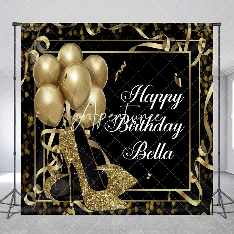 Aperturee - Aperturee Personalized Black and Gold Glitter High Heels Birthday Custom Backdrop Elegant Party Decor with Balloons