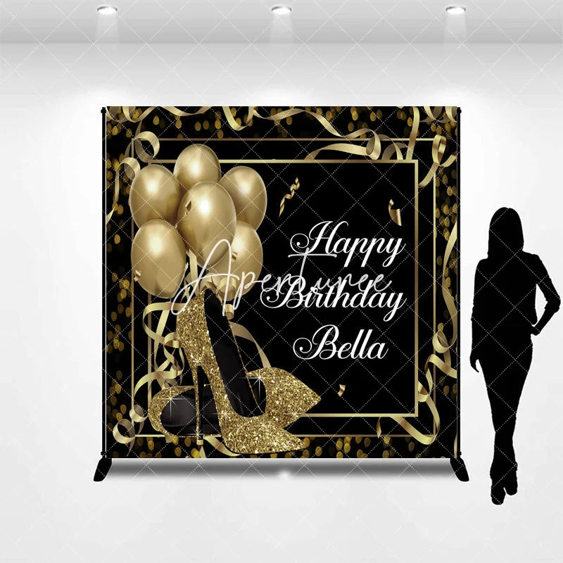 Aperturee - Aperturee Personalized Black and Gold Glitter High Heels Birthday Custom Backdrop Elegant Party Decor with Balloons