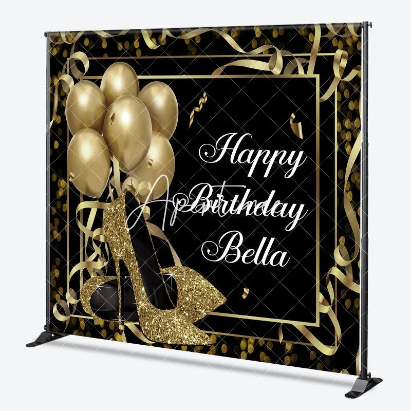 Aperturee - Aperturee Personalized Black and Gold Glitter High Heels Birthday Custom Backdrop Elegant Party Decor with Balloons