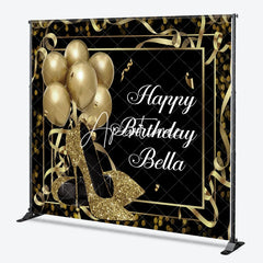 Aperturee - Aperturee Personalized Black and Gold Glitter High Heels Birthday Custom Backdrop Elegant Party Decor with Balloons