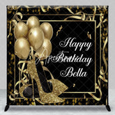 Aperturee - Aperturee Personalized Black and Gold Glitter High Heels Birthday Custom Backdrop Elegant Party Decor with Balloons