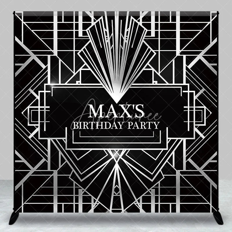 Aperturee - Aperturee Personalized Black and Silver Art Deco Custom Backdrop Geometric Gatsby Style Birthday Party Decor