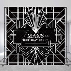 Aperturee - Aperturee Personalized Black and Silver Art Deco Custom Backdrop Geometric Gatsby Style Birthday Party Decor
