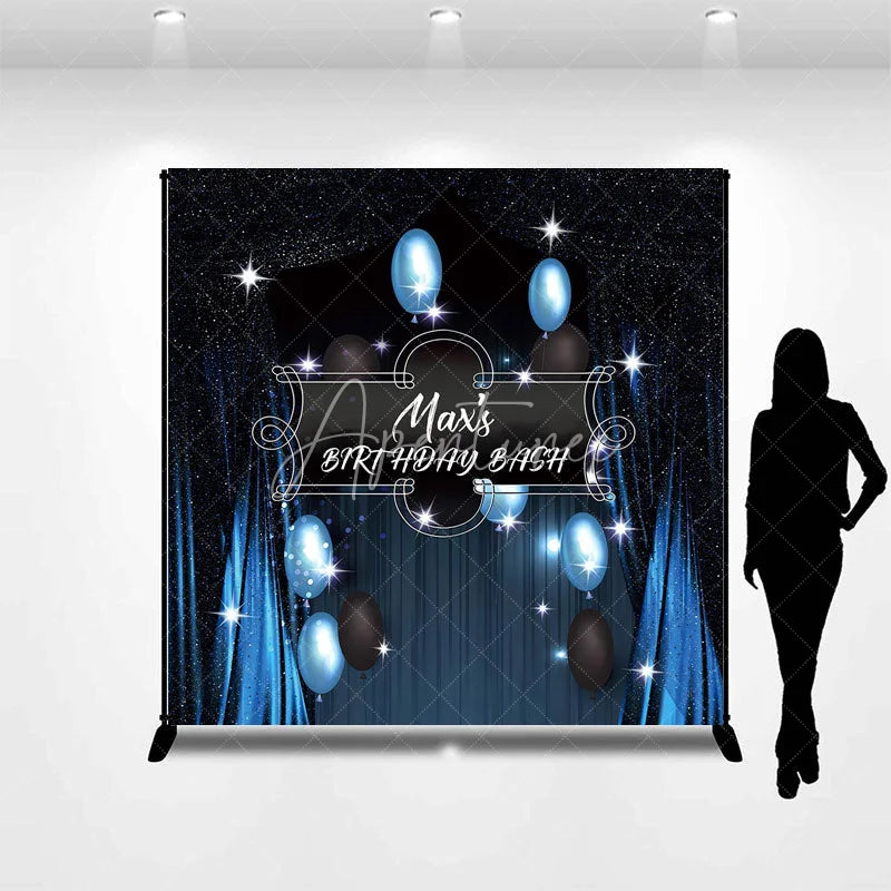 Aperturee - Aperturee Personalized Blue and Black Birthday Bash Backdrop Custom Name Sparkling Balloon Party Banner