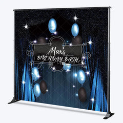 Aperturee - Aperturee Personalized Blue and Black Birthday Bash Backdrop Custom Name Sparkling Balloon Party Banner