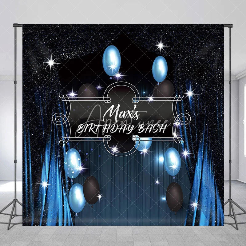 Aperturee - Aperturee Personalized Blue and Black Birthday Bash Backdrop Custom Name Sparkling Balloon Party Banner