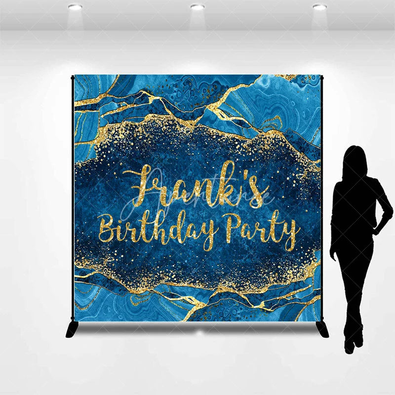 Aperturee - Aperturee Personalized Blue and Gold Agate Birthday Backdrop Elegant Marble Texture Custom Name Party Photo Booth Decor