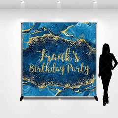 Aperturee - Aperturee Personalized Blue and Gold Agate Birthday Backdrop Elegant Marble Texture Custom Name Party Photo Booth Decor