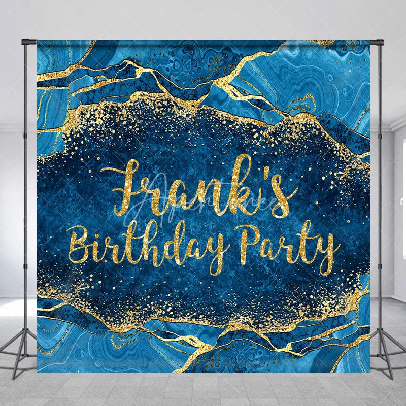Aperturee - Aperturee Personalized Blue and Gold Agate Birthday Backdrop Elegant Marble Texture Custom Name Party Photo Booth Decor