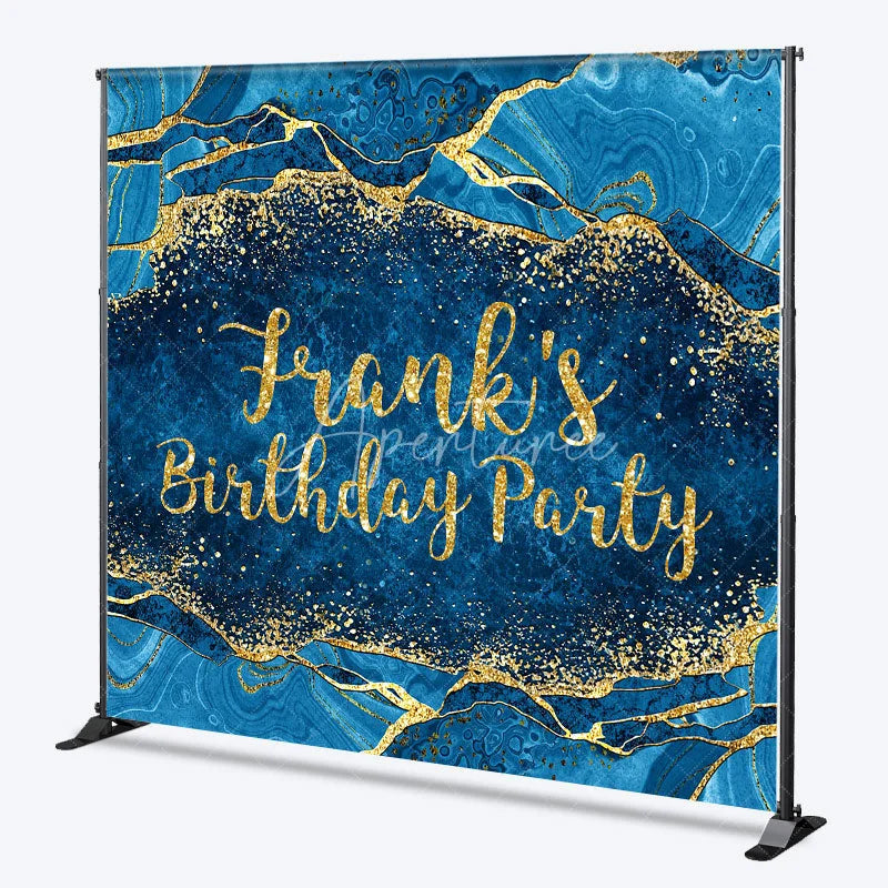 Aperturee - Aperturee Personalized Blue and Gold Agate Birthday Backdrop Elegant Marble Texture Custom Name Party Photo Booth Decor