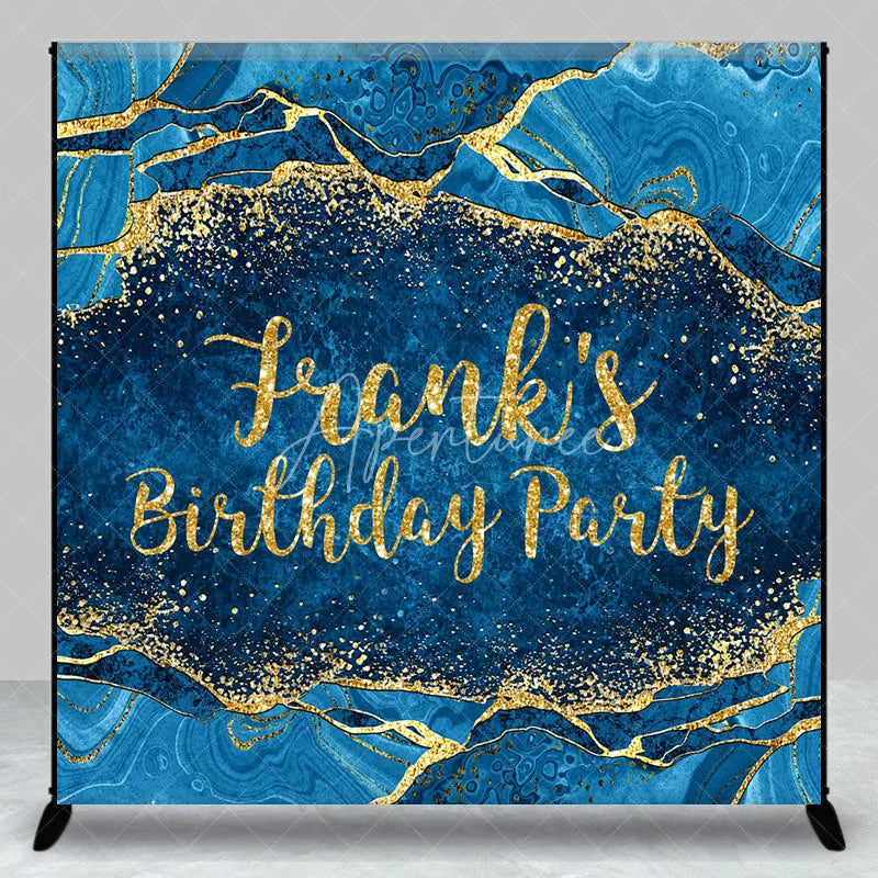 Aperturee - Aperturee Personalized Blue and Gold Agate Birthday Backdrop Elegant Marble Texture Custom Name Party Photo Booth Decor