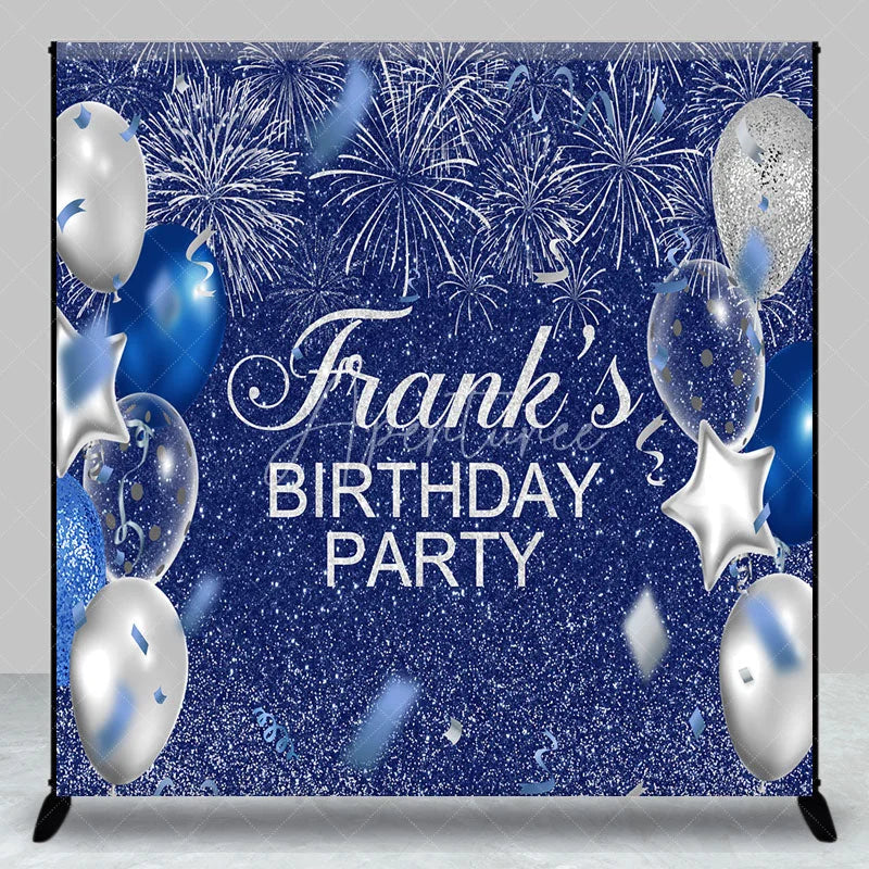 Aperturee - Aperturee Personalized Blue and Silver Birthday Backdrop Glitter Balloons and Fireworks Custom Name Party Photo Booth