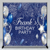 Aperturee - Aperturee Personalized Blue and Silver Birthday Backdrop Glitter Balloons and Fireworks Custom Name Party Photo Booth