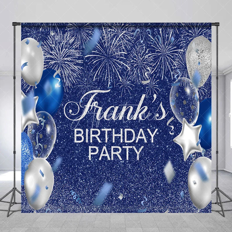 Aperturee - Aperturee Personalized Blue and Silver Birthday Backdrop Glitter Balloons and Fireworks Custom Name Party Photo Booth